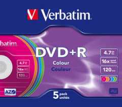 Диск DVD+R 4.7Gb Verbatim 16x, slim, color, 5pk (за ШТ)